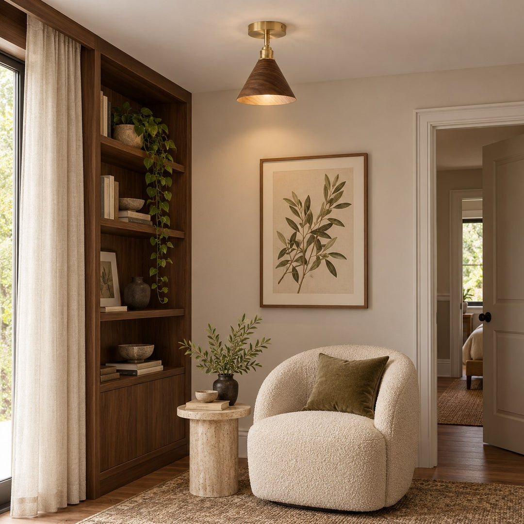Modern Semi-Flush Ceiling Light Walnut Wood Brushed Brass LED Compatible Indoor Fixture