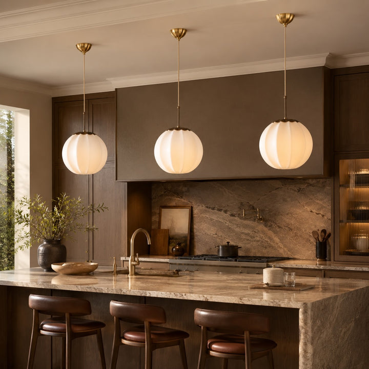 Modern Ribbed Opal Glass Globe Pendant Light Brass Hanging Fixture Adjustable Height for Kitchen Island Dining Room