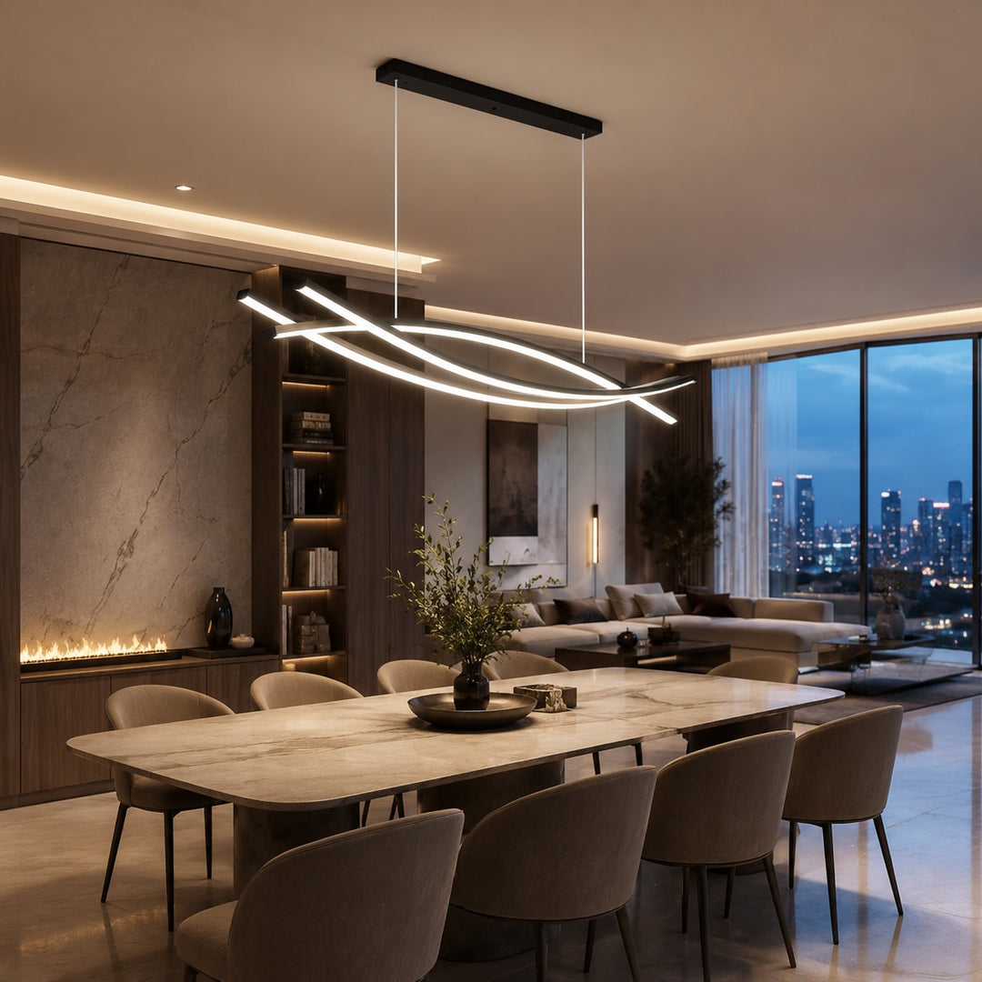 Modern Black Pendant Light Linear Hanging Aluminum LED Fixture with Adjustable Height Dimmable