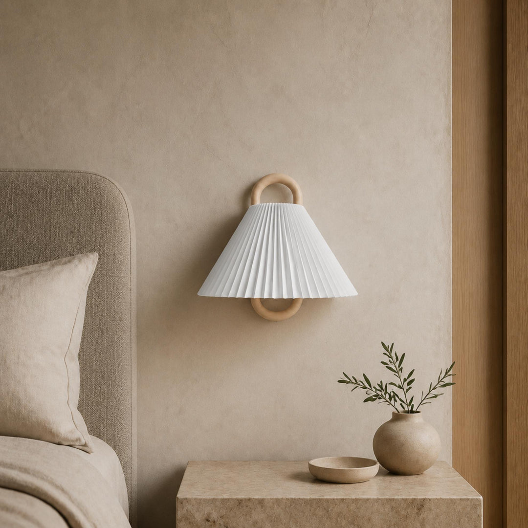 Minimalist Wall Light Wall Mounted Beech Wood Base Fabric Shade LED Soft Ambient Lighting