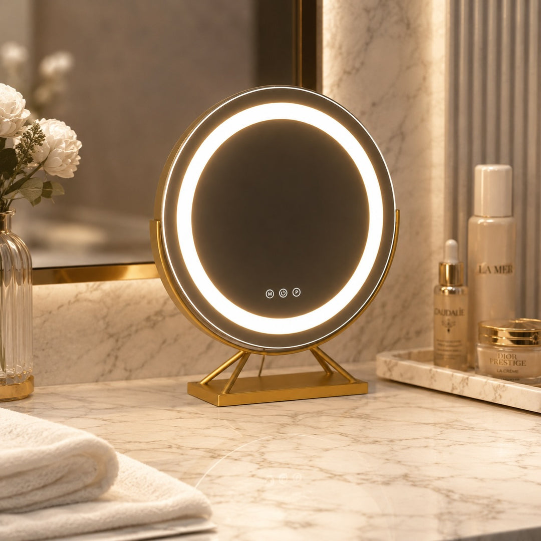 Dimmable Round Makeup Mirror with 15x Magnification and LED Lights for Vanity Desktop Use