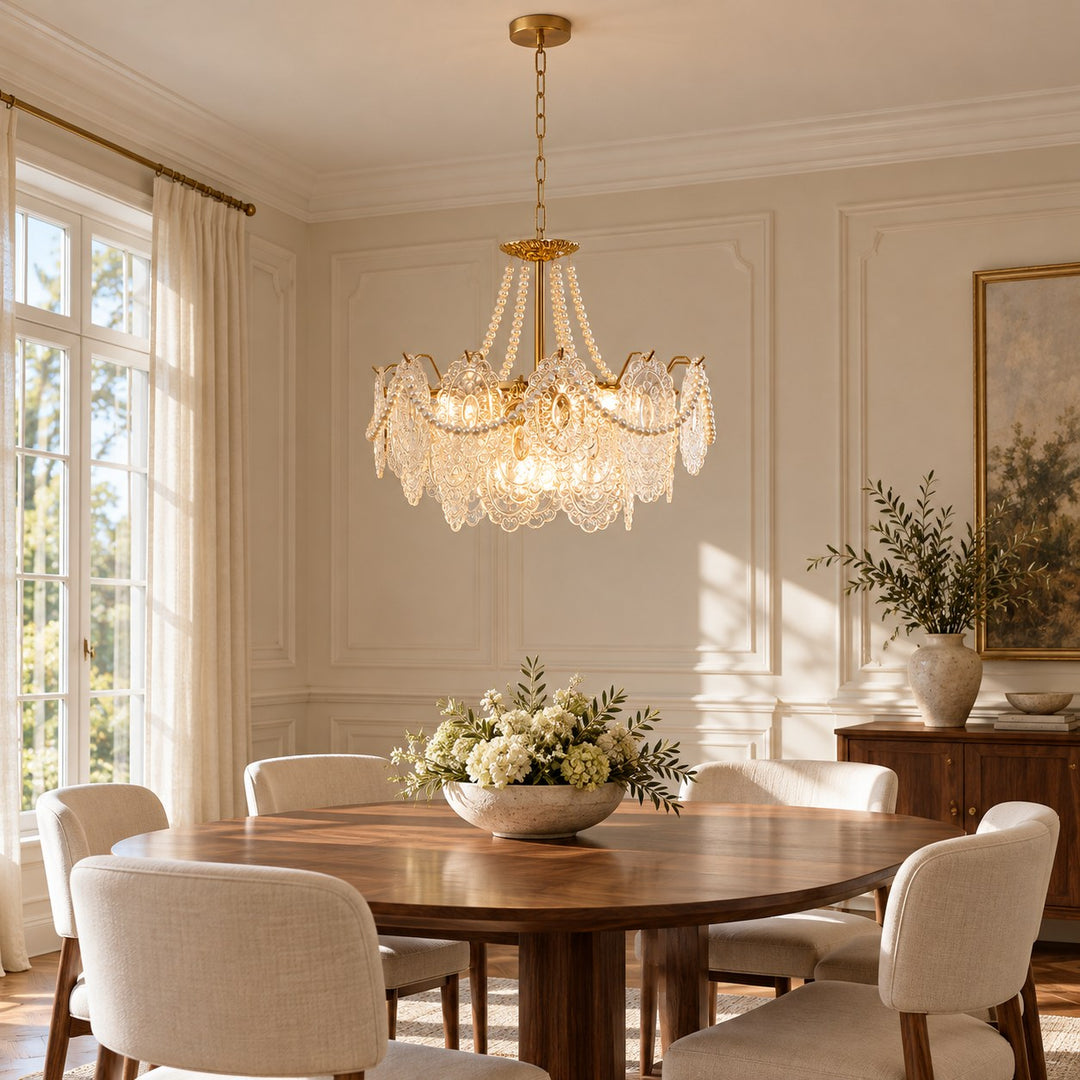 Modern Glass Chandelier Light Pendant Fixture Ceiling Mounted with Pearl Accents for Ambient Illumination