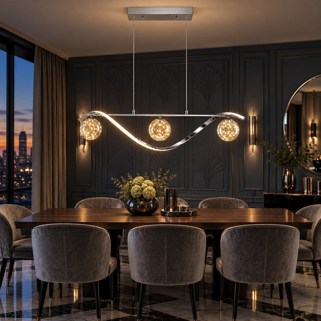 Modern Linear Pendant Light with Adjustable Height Metal Frame and LED Glass Globe Shades for Kitchen Island