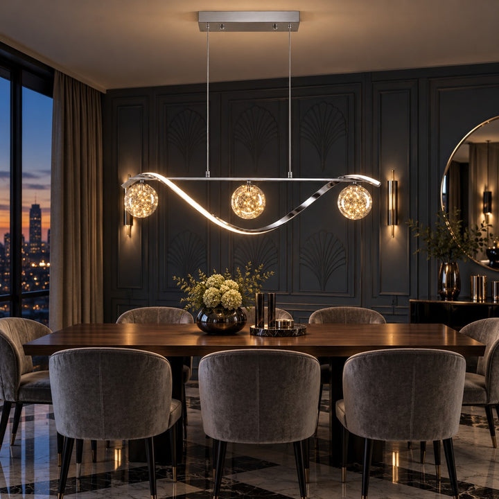 Modern Linear Pendant Light with Adjustable Height Metal Frame and LED Glass Globe Shades for Kitchen Island