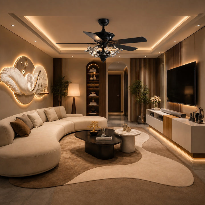 Modern Black Ceiling Fan with Crystal Shade Flush Mount LED Remote Control and Reversible Blades