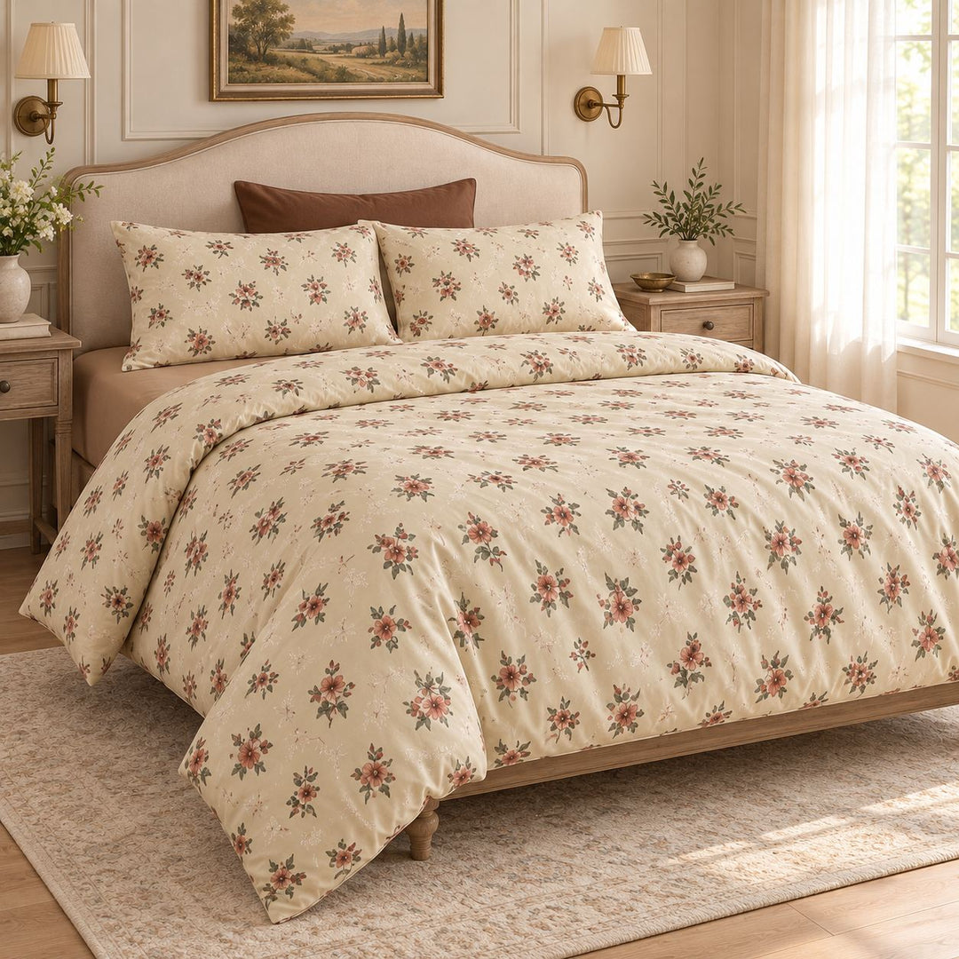 Vintage Floral Bedding Set Duvet Cover and Pillowcases Washed Cotton Breathable Durable