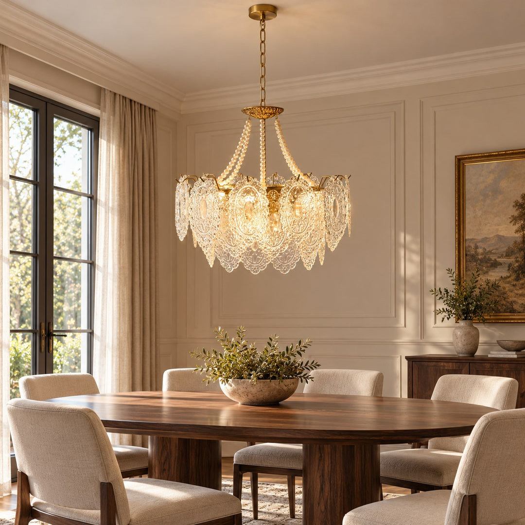 Modern Glass Chandelier Light Pendant Fixture Ceiling Mounted with Pearl Accents for Ambient Illumination