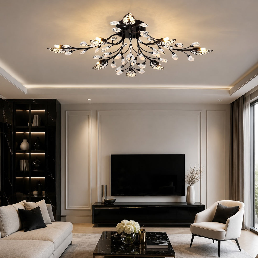 Modern Crystal Chandelier Semi-Flush Mount Iron 8-Light LED Fixture with Elegant Leaf Design
