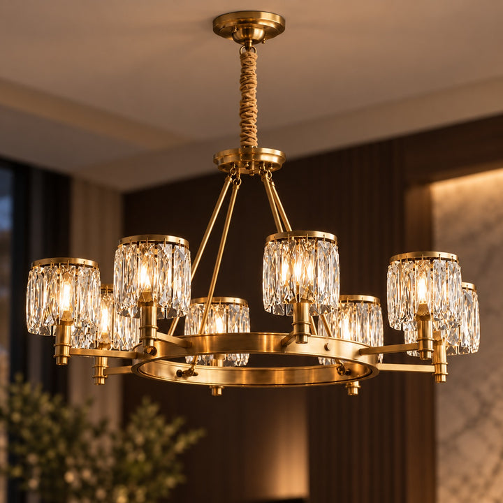 Modern Crystal Chandelier Adjustable Hanging Brass 6 or 8 Light E12 LED Fixture