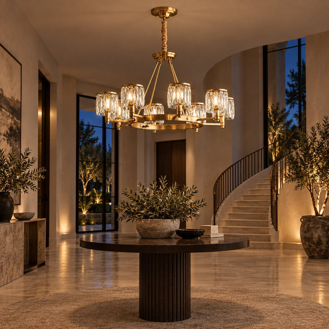 Modern Crystal Chandelier Adjustable Hanging Brass 6 or 8 Light E12 LED Fixture