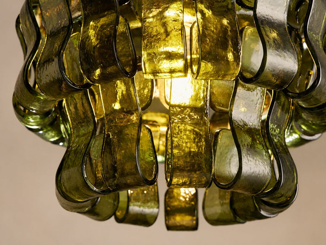 Modern Green Tiered Glass Pendant Light Hanging Brass Fixture Adjustable Height for Dining Room Kitchen Island