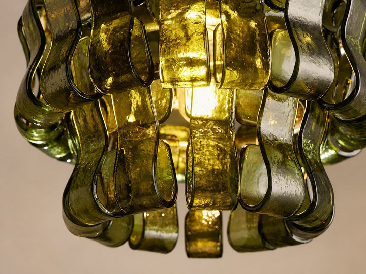 Modern Green Tiered Glass Pendant Light Hanging Brass Fixture Adjustable Height for Dining Room Kitchen Island