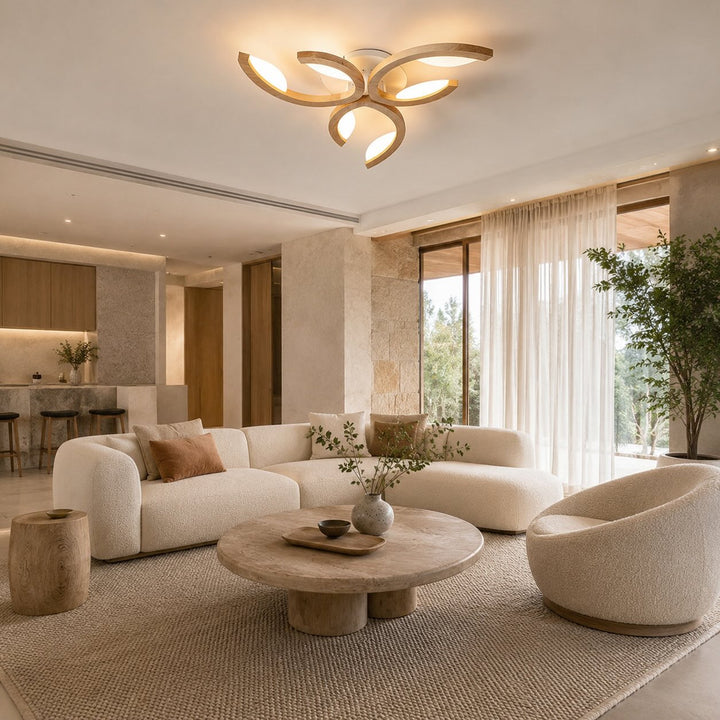 Modern Leaf Flush Mount Ceiling Light Natural Oak Wood Acrylic LED Dimmable 3-5 Light Options