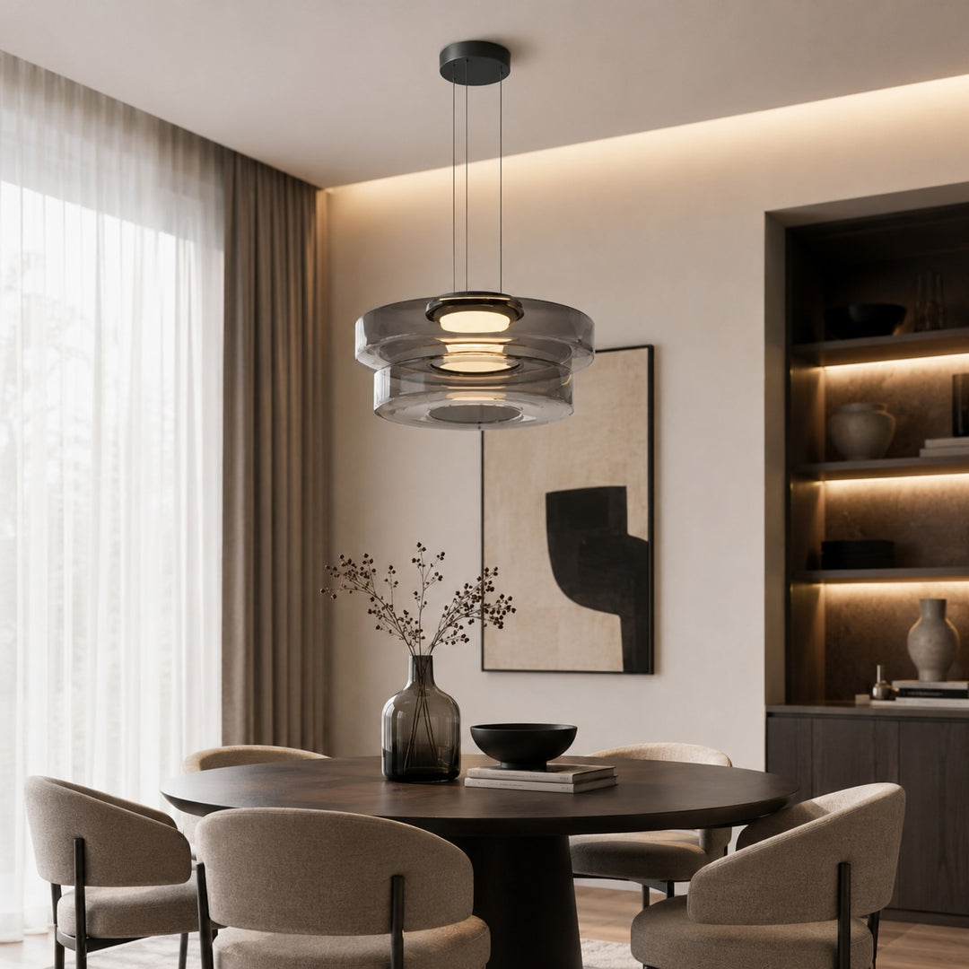Modern Glass Pendant Light Hanging Fixture with Adjustable Height Dimmable LED and Iron Finish