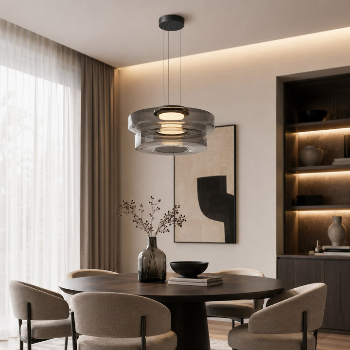 Modern Glass Pendant Light Hanging Fixture with Adjustable Height Dimmable LED and Iron Finish