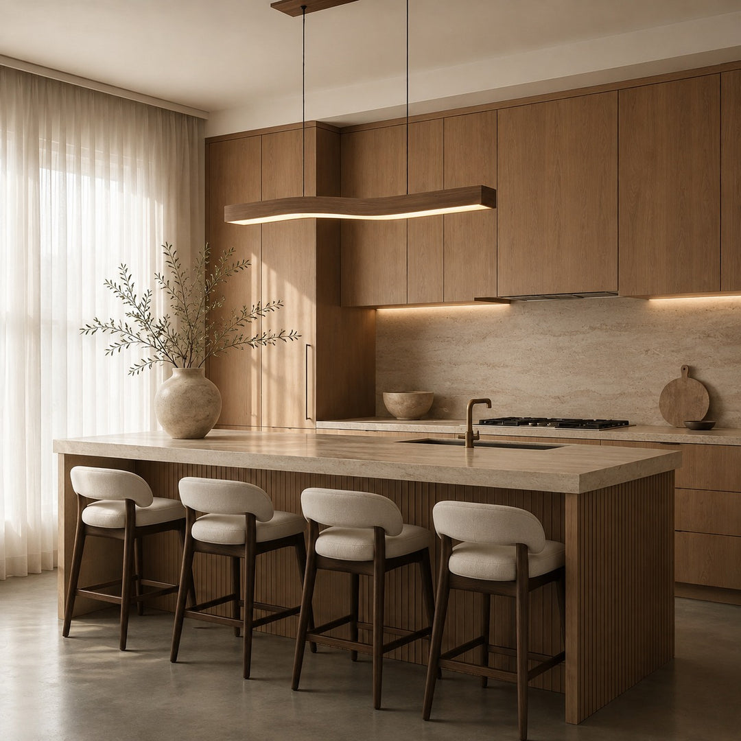 Modern Pendant Light Adjustable Hanging Design Wood Finish Dimmable LED for Kitchen Island
