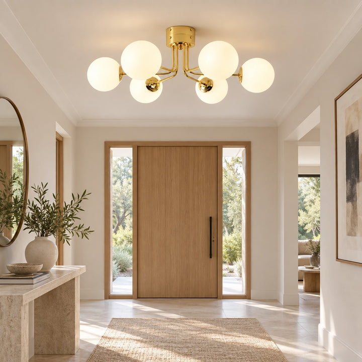 Modern Flush Mount Ceiling Light with Curved Metal and Glass Shade LED Compatible 6 Heads