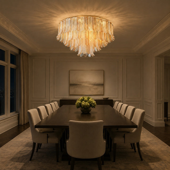 Art Deco Amber Glass Feather Ceiling Light – Brass Flush Mount Chandelier