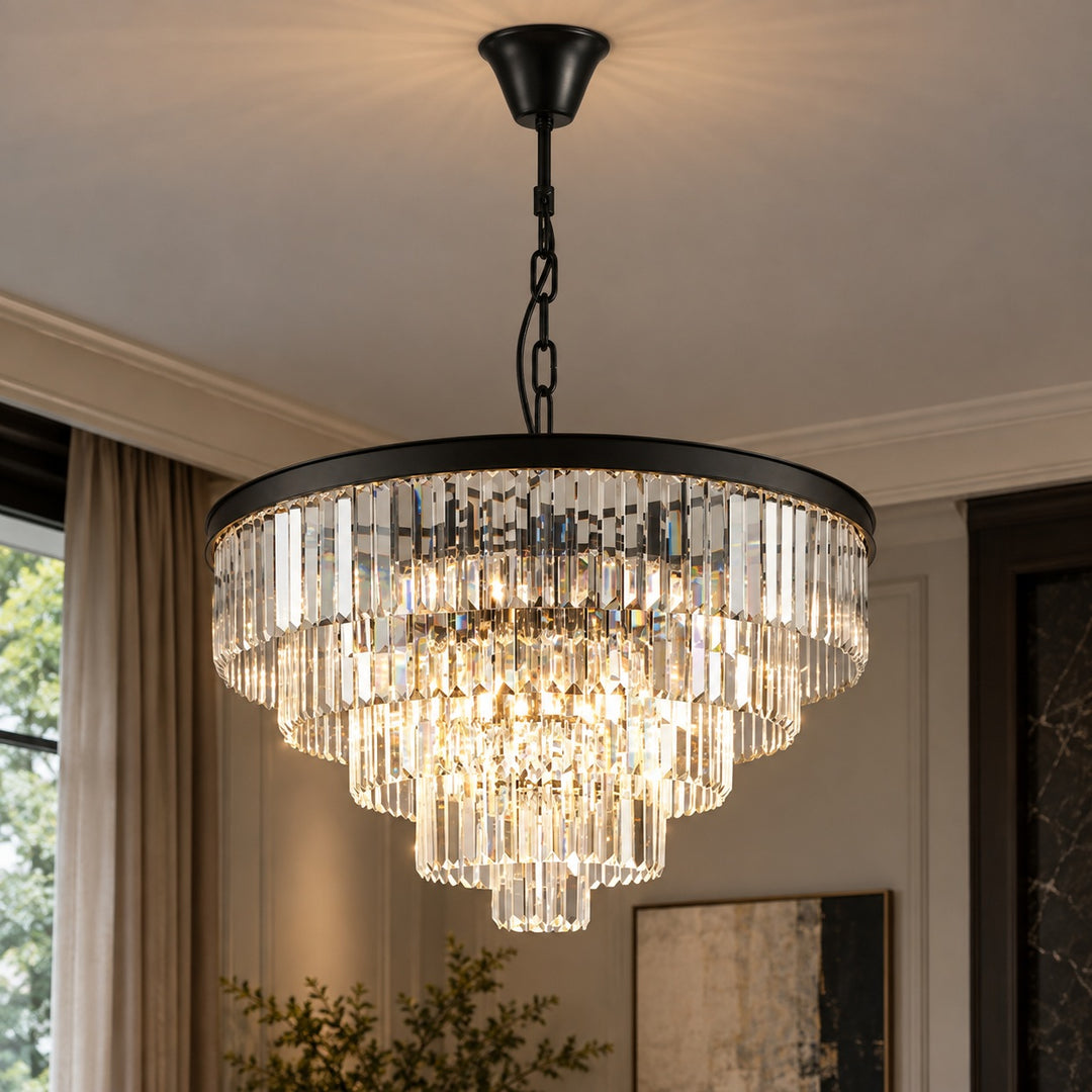 Modern Crystal Chandelier Hanging Light Fixture Metal Frame E12 Bulb Compatible Five or Seven Tiers