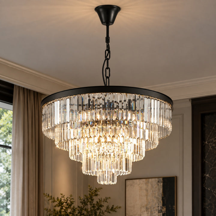 Modern Crystal Chandelier Hanging Light Fixture Metal Frame E12 Bulb Compatible Five or Seven Tiers