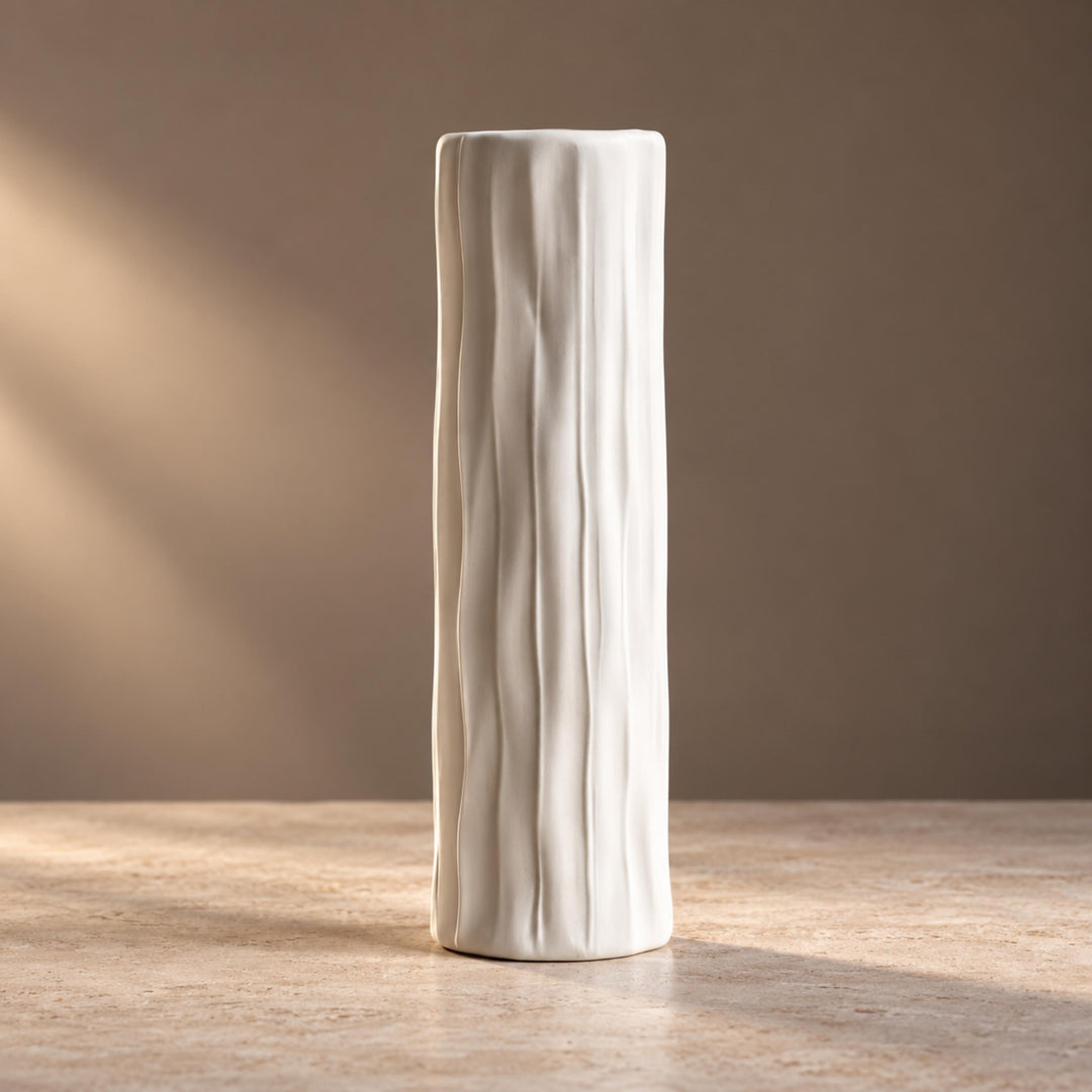 Modern Tall Ceramic Vase Cylinder White Textured Bark-Effect 40 cm for Dried Arrangements