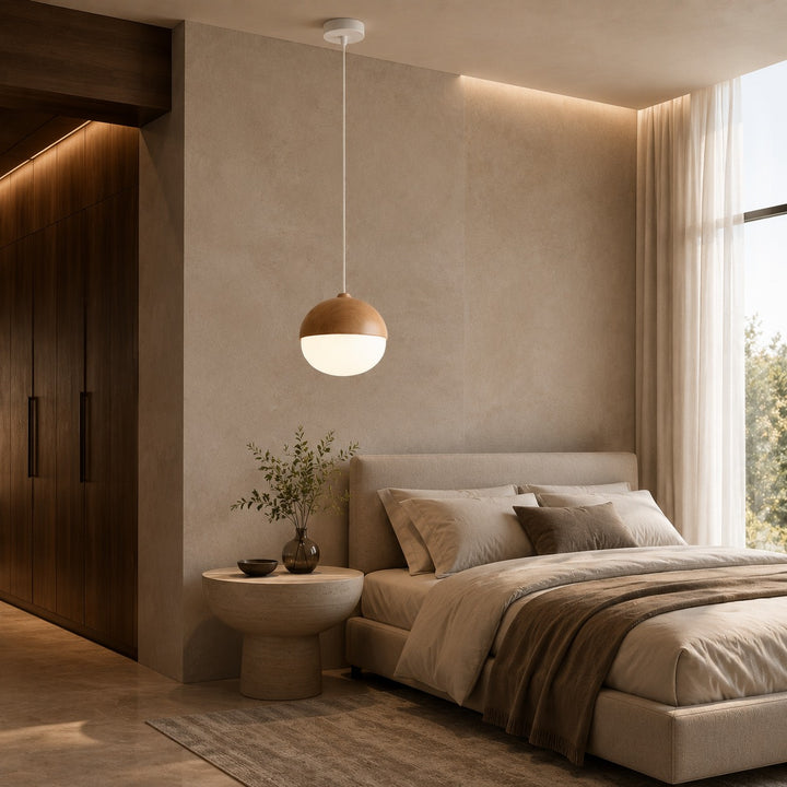 Modern Pendant Light Adjustable Hanging Fixture Wood Look Frosted Glass LED for Kitchen Island