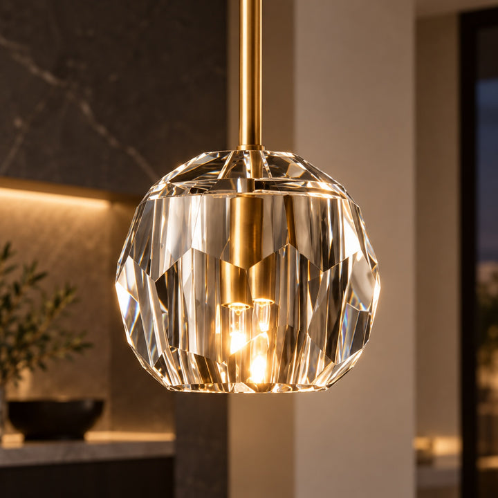 Modern K10 Crystal Pendant Light with Natural Brass – G9 LED, Rod or Cord Suspension