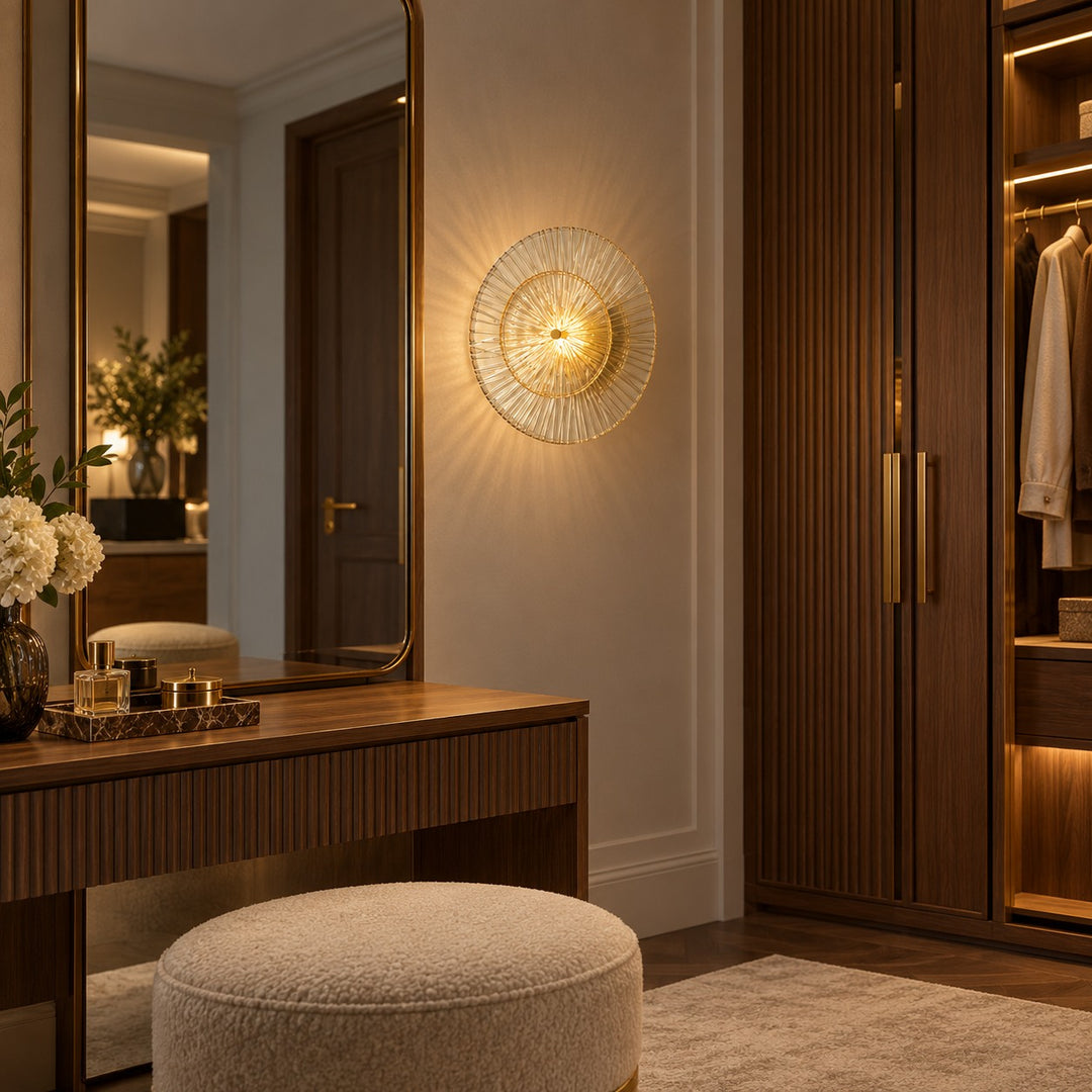 Layered Fluted Glass LED Wall Sconce – Brass Interior Wall Light