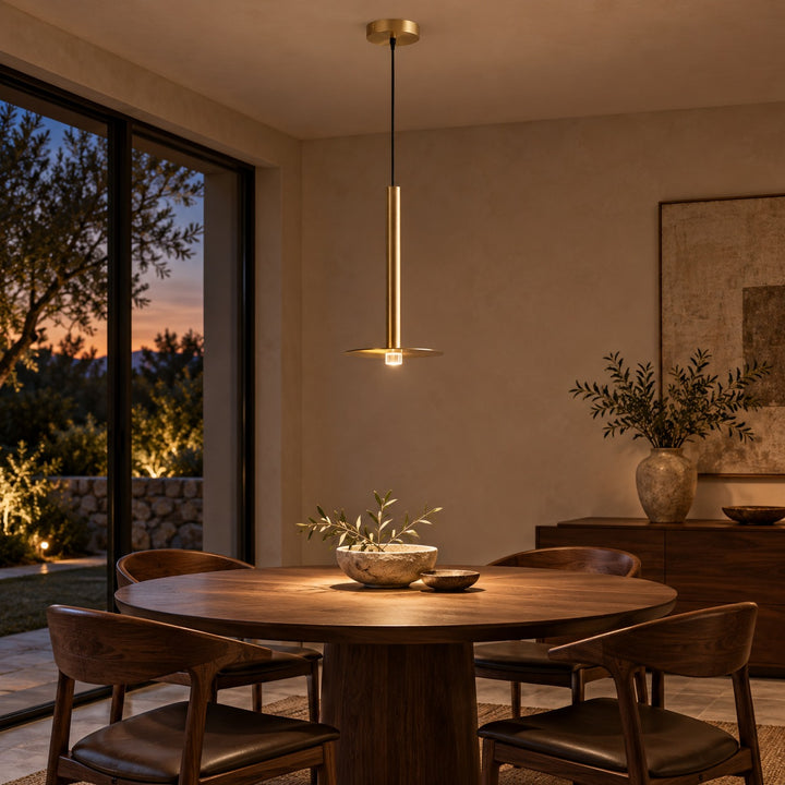 Modern Brass Disc LED Pendant Light with Slim Architectural Stem