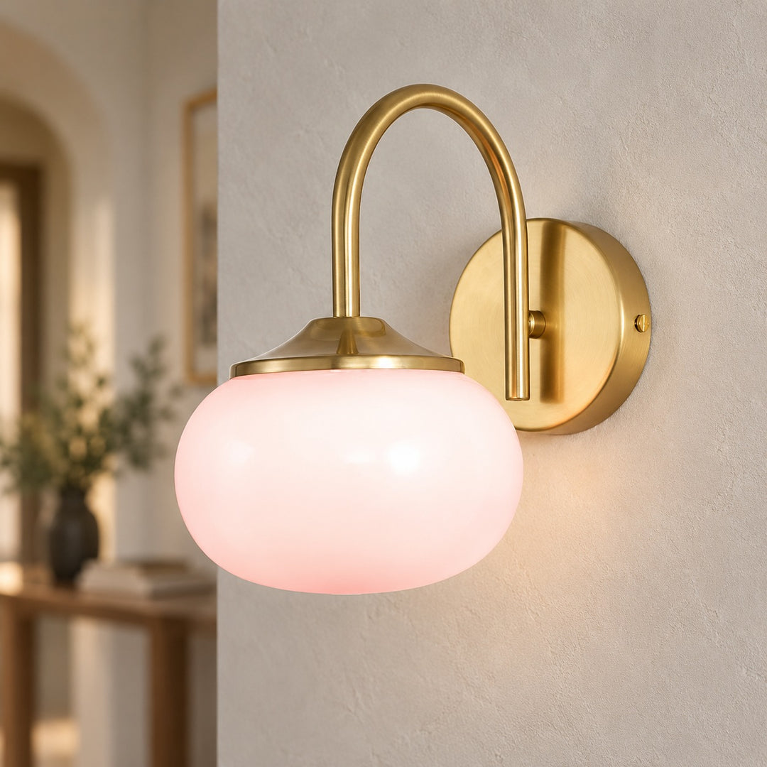 Modern Wall Light Copper Fixture with Pink Glass Shade for Indoor LED Bulbs