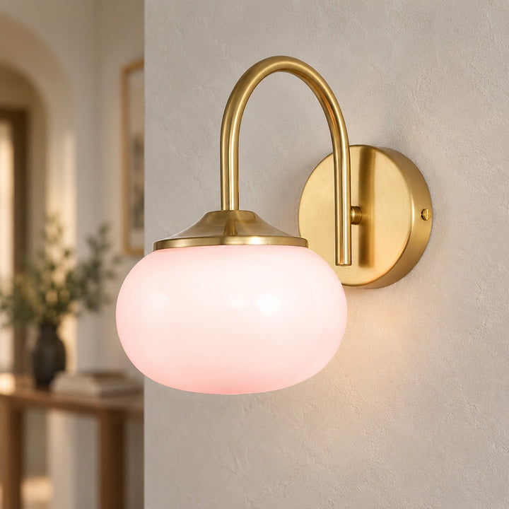 Modern Wall Light Copper Fixture with Pink Glass Shade for Indoor LED Bulbs