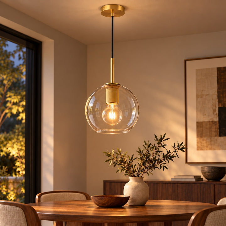 Modern Clear Glass Globe Pendant Light with Brass Finish – E27 Ceiling Light