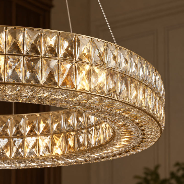 Modern Crystal Chandelier Adjustable Height Gold Metal Frame LED Lighting 9 to 16 Lights