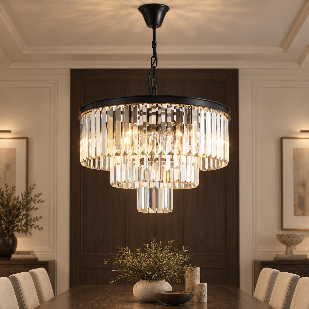 Modern Crystal Chandelier 3-Tier Hanging Light Fixture Black Metal Frame E12 LED Compatible