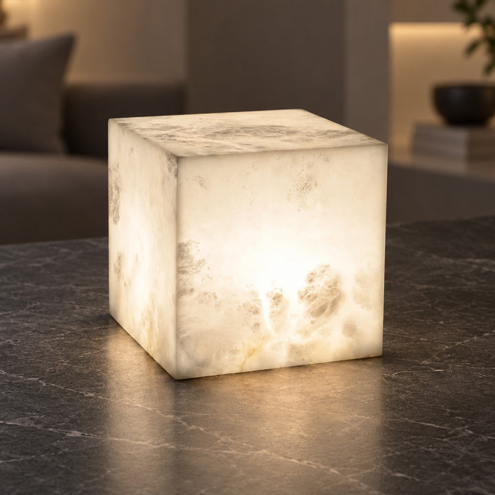 Modern Alabaster Table Lamp Cube Design LED Light for Bedroom or Desk Use