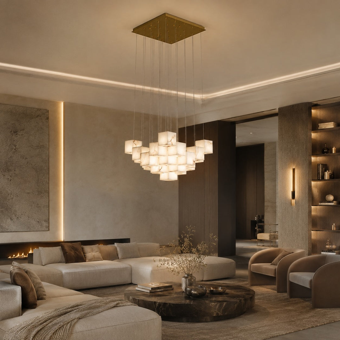 Modern Alabaster Box Pendant Light Hanging Fixture with LED Compatibility and Adjustable Height