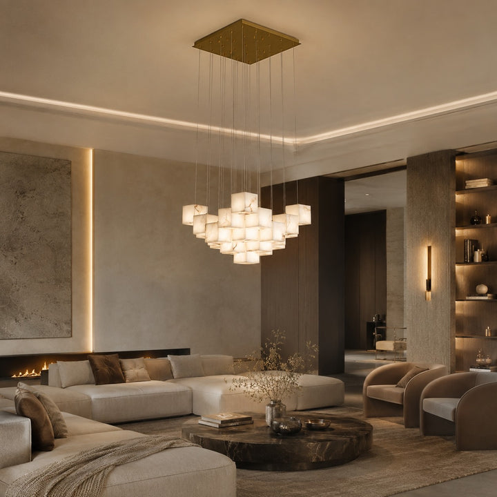 Modern Alabaster Box Pendant Light Hanging Fixture with LED Compatibility and Adjustable Height