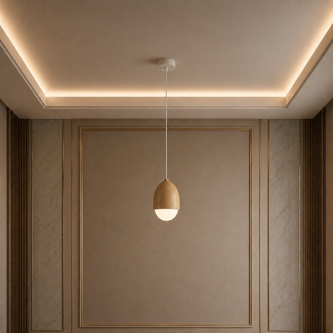 Modern Pendant Light Adjustable Hanging Fixture Wood Look Frosted Glass LED for Kitchen Island