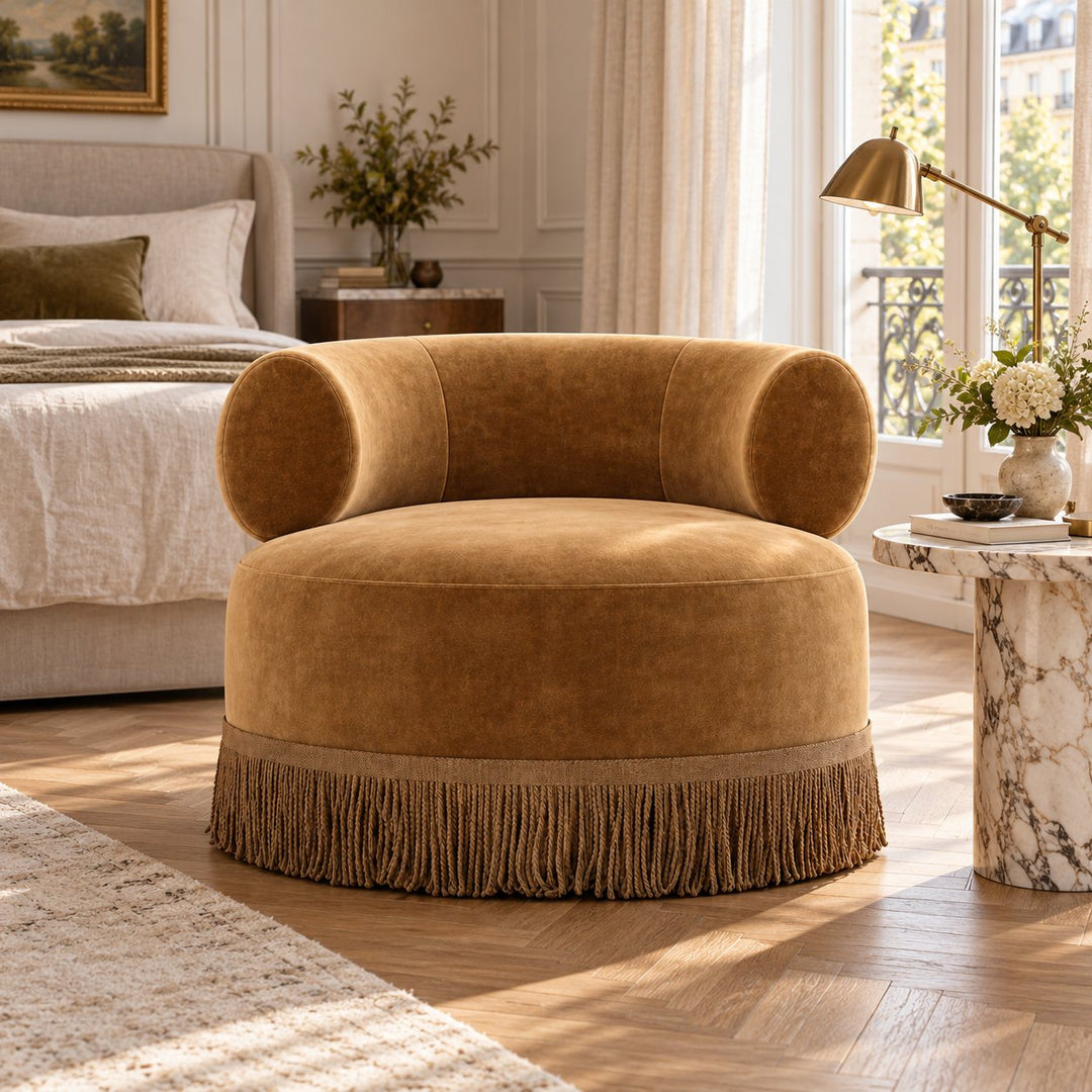 Modern Swivel Accent Chair Plush Fabric Oversized Seat With Playful Fringe Skirt