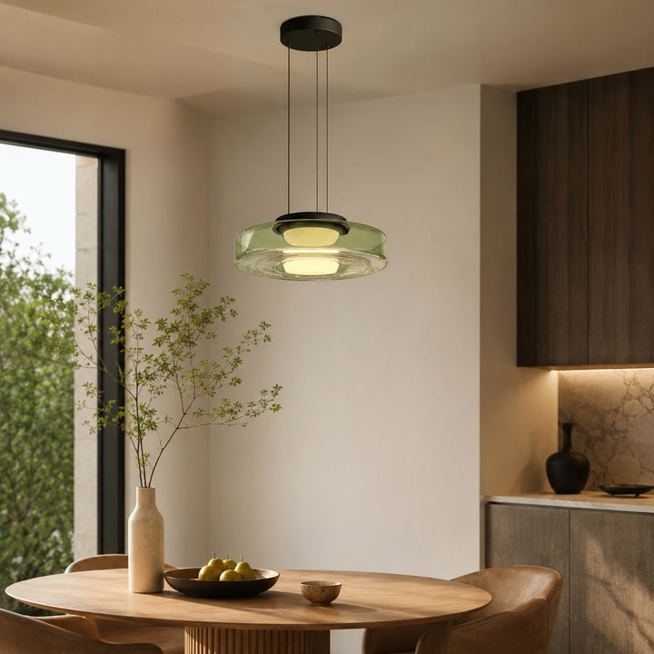 Modern Glass Pendant Light Hanging Fixture with Adjustable Height Dimmable LED and Iron Finish