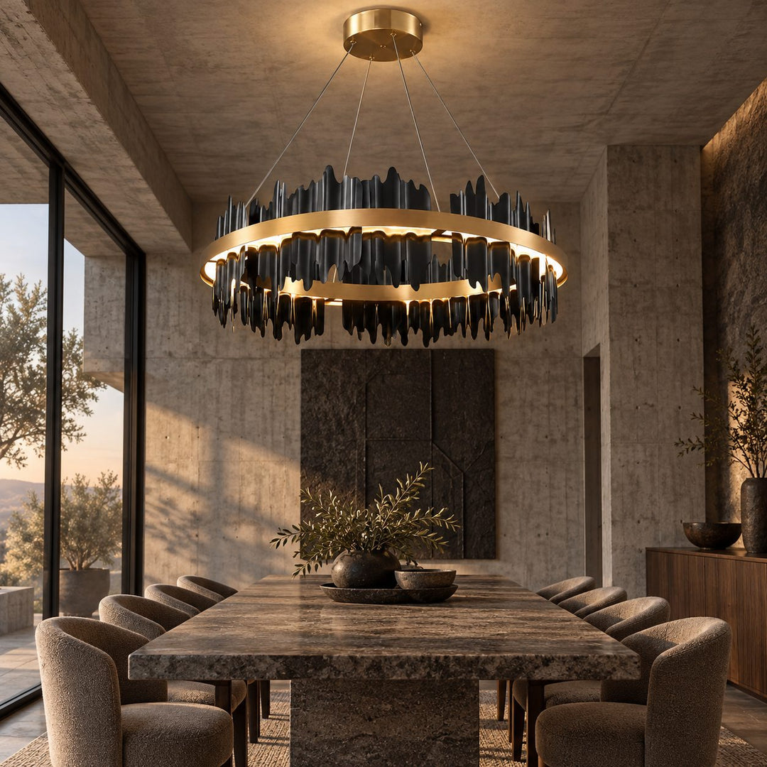 Modern Chandelier Adjustable Height Metal LED Dimmable Black Gold Finish Hanging Light Fixture