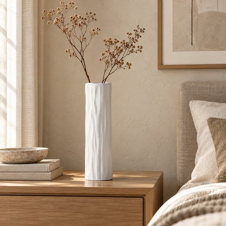 Modern Tall Ceramic Vase Cylinder White Textured Bark-Effect 40 cm for Dried Arrangements