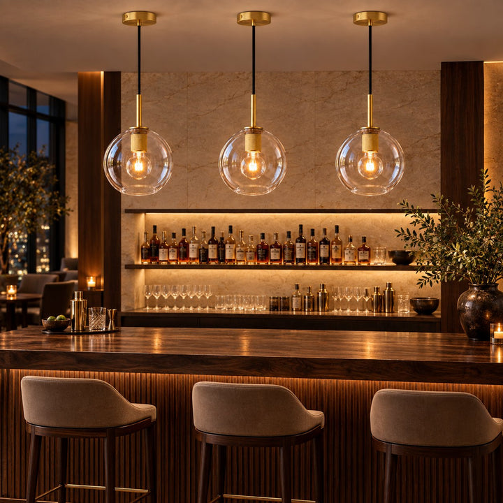 Modern Clear Glass Globe Pendant Light with Brass Finish – E27 Ceiling Light