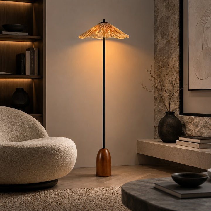 Modern Floor Lamp Adjustable Height Natural Raffia Shade Walnut Base Dimmable Ambient Light
