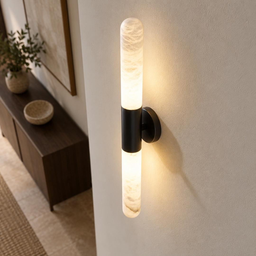 Modern Alabaster Wall Light Brushed Metal Fixture Warm White LED Illumination