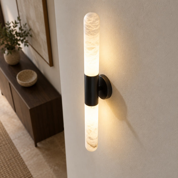 Modern Alabaster Wall Light Brushed Metal Fixture Warm White LED Illumination