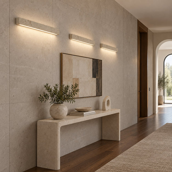 Minimalist Wall Light with Elongated Rectangular Design in Yellow Travertine and Integrated LED