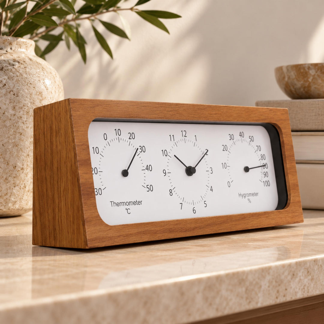 Minimalist Wooden Desk Clock with Temperature and Humidity Meter Battery Operated Bamboo