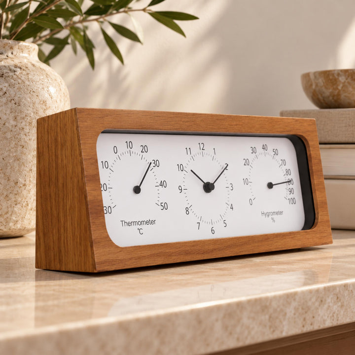 Minimalist Wooden Desk Clock with Temperature and Humidity Meter Battery Operated Bamboo