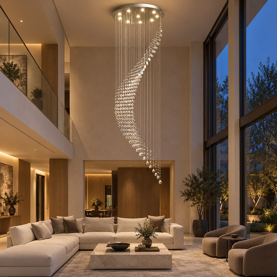 Modern Spiral Crystal Chandelier Adjustable Height Metal Frame 6 to 15 Bulbs for Foyer